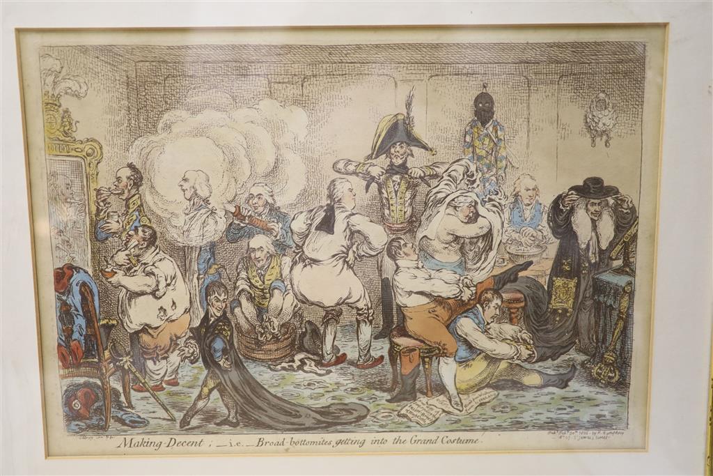 Boehm after Gillray, seven engravings, Caricatures including Political Dreamings, Political Mathematicians and Exhibition of a Dem